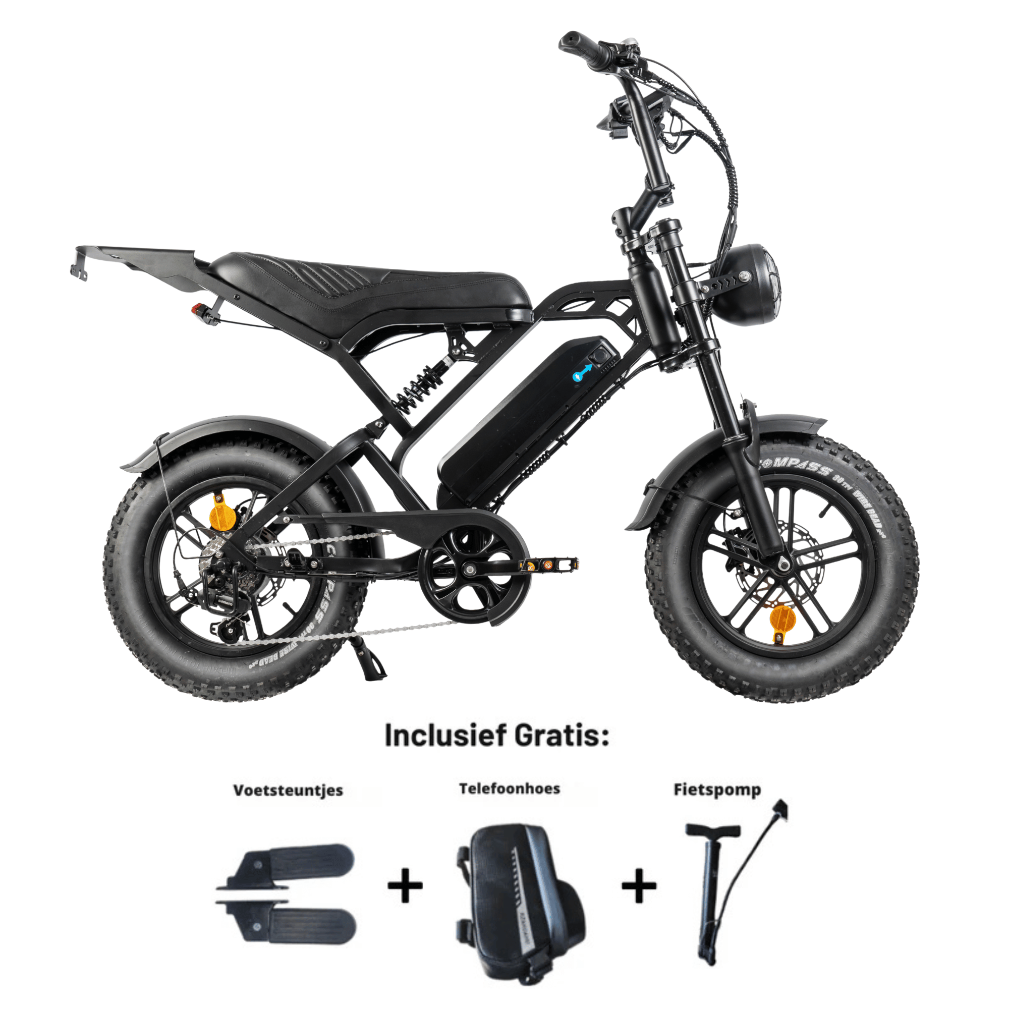 V20 Mini Fatbike – Kinderfatbike met Hydraulische Remmen & Gashendel - Zwart - Stoer, Veilig en Straatlegaal!