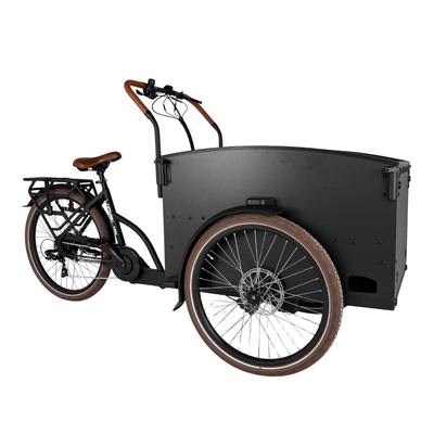 Vogue Caddy - Elektrische Bakfiets - Mat Zwart - Bruine Accenten - Accu 468Wh (36V, 13Ah) - Bafang Achterwielmotor - Shimano 7 Versnellingen - Hydraulische Remmen