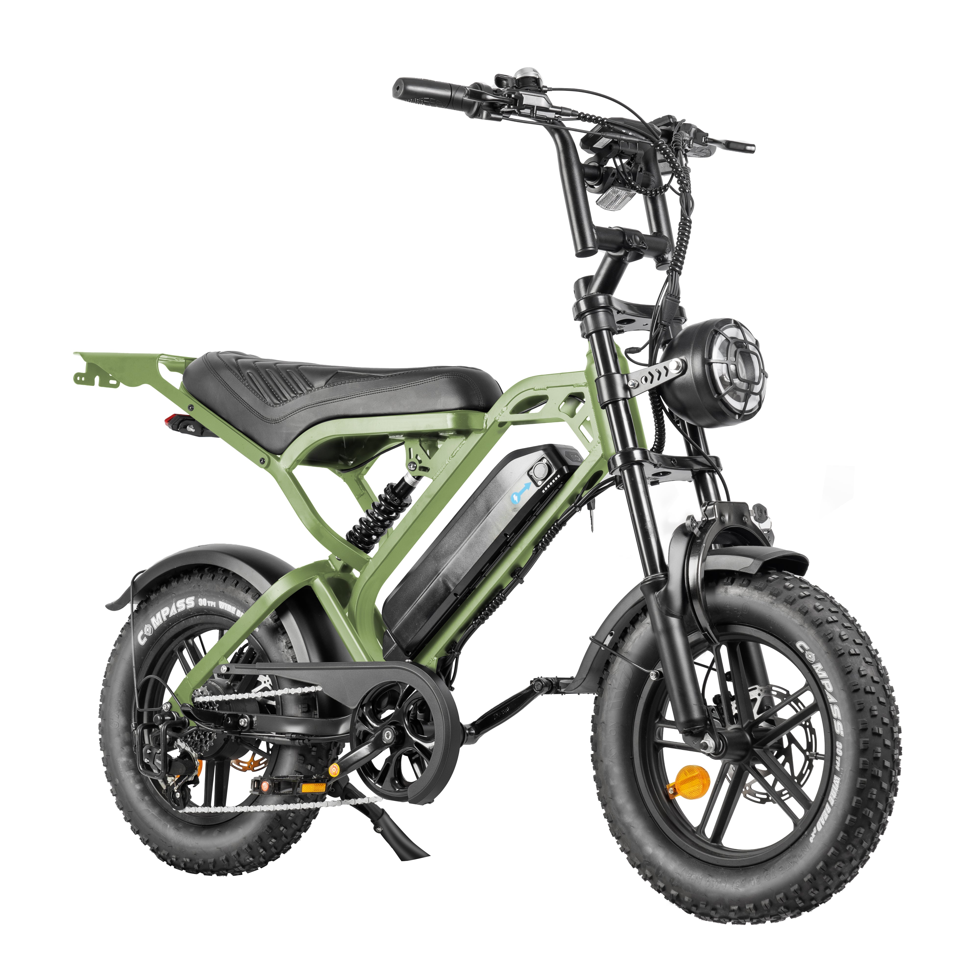 V20 Mini Fatbike – Kinderfatbike met Hydraulische Remmen & Gashendel - Army Green - Stoer, Veilig en Straatlegaal!