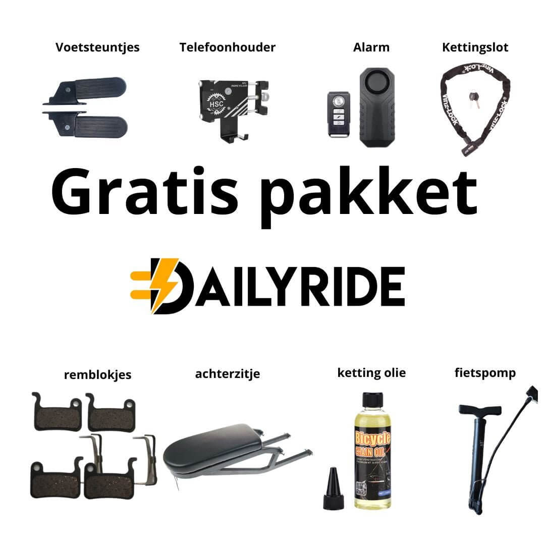 Gratis accesoires - QMWheel V20 | Achterzitje | Voetsteuntjes | Alarm | Kettingslot | 4 Remblokken | Kettingolie | Fietspomp - Dailyride